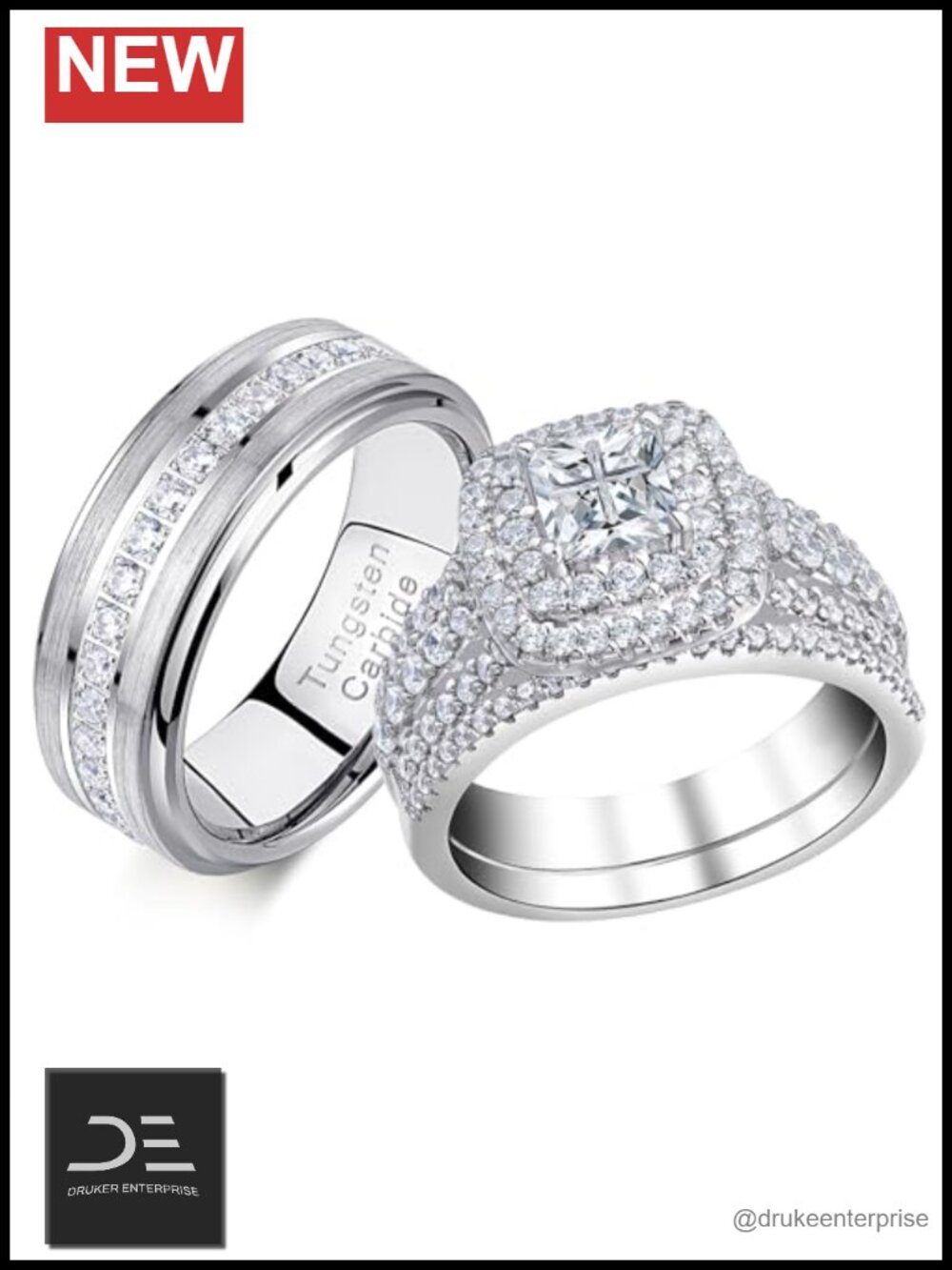 Princess-Cut CZ Tungsten Carbide Wedding Ring Set Bridal His Hers